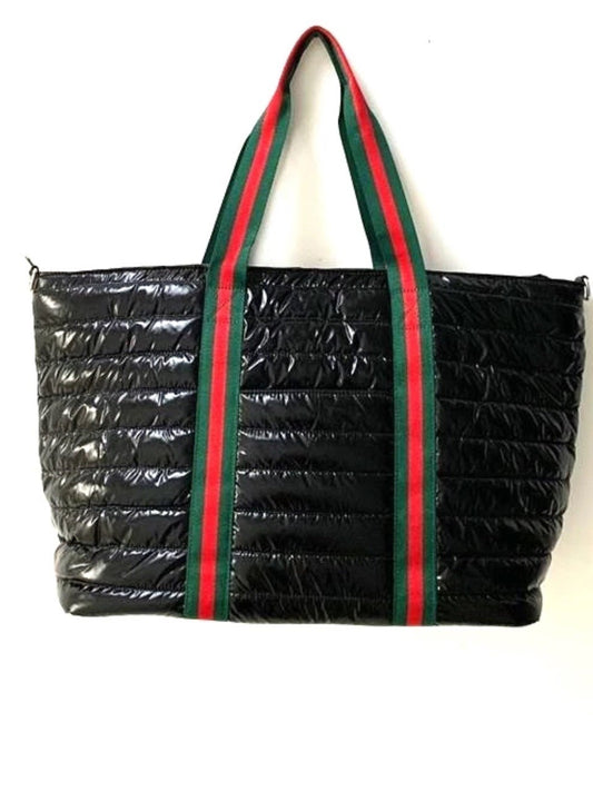 Womens Black Metallic Puffer Nylon Tote Green and Red Stripe