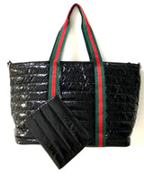 Womens Black Metallic Puffer Nylon Tote Green and Red Stripe