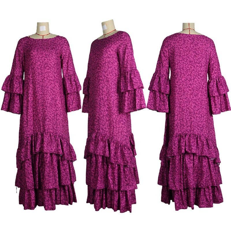 Women Flared Sleeves Loose Falbala Solid Color Round-Neck Maxi Dresses: PURPLE / L