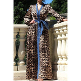 Women Animal Pattern V-Neck Button Down Dress with Self Tie: LEOPARD