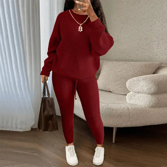 Women Chunky knit Drop Shoulder Sweater and drawstring pant