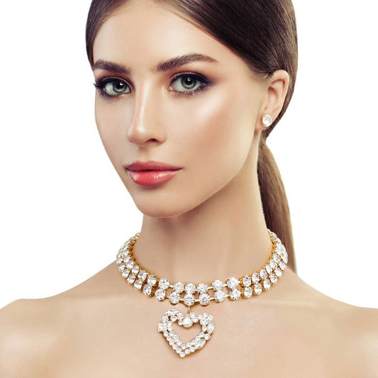 Women Crystal 2 Row Heart Choker Set with Clear Stud Earring By Bling Bling U Sparkle girl