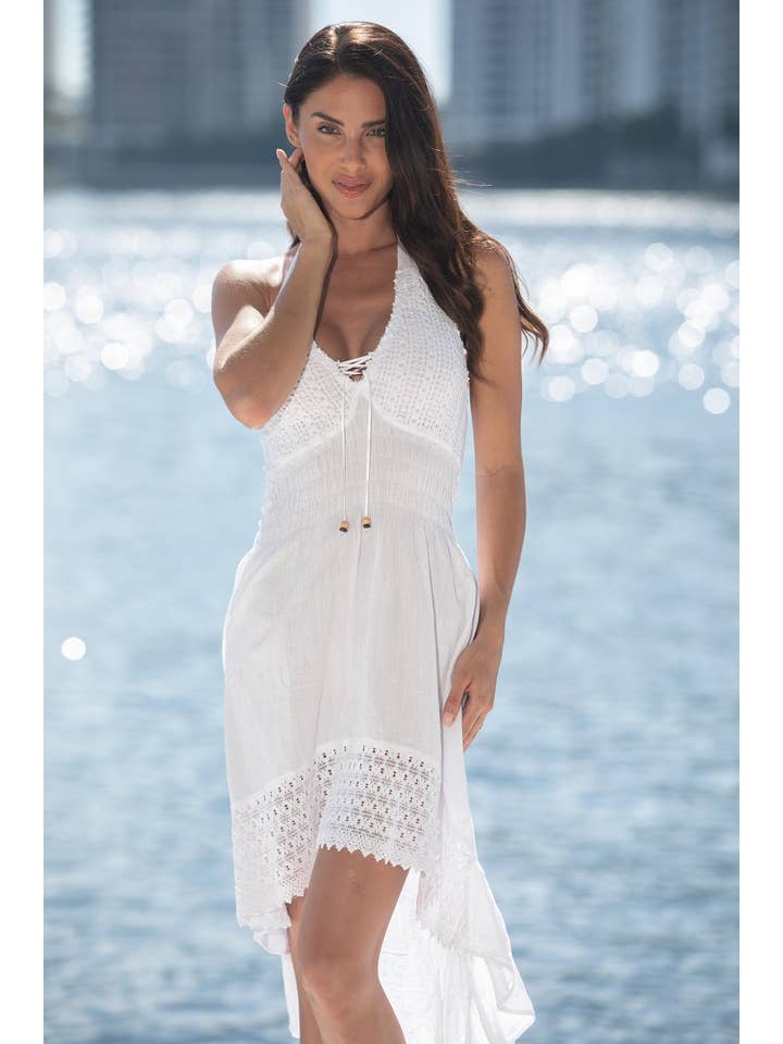 Women Dress High Low Halter Embroidery Detail Front By Cotton Natural