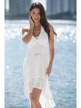 Women Dress High Low Halter Embroidery Detail Front By Cotton Natural