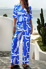 Printed Button Up Shirt and Pants 2pcs Set Black