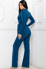 Women Collar Body con waist tie V Neck Bell Bottom Jumpsuit By The Symphony