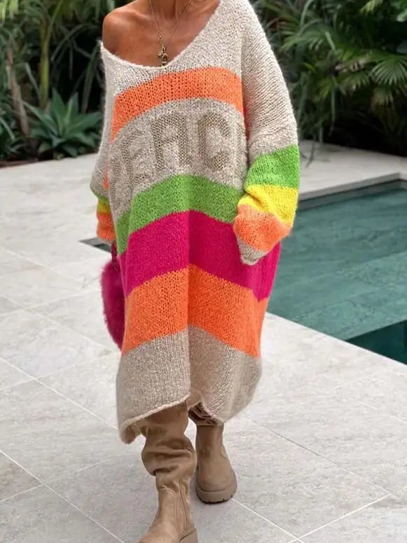 Women Midi knit Color block Sweater