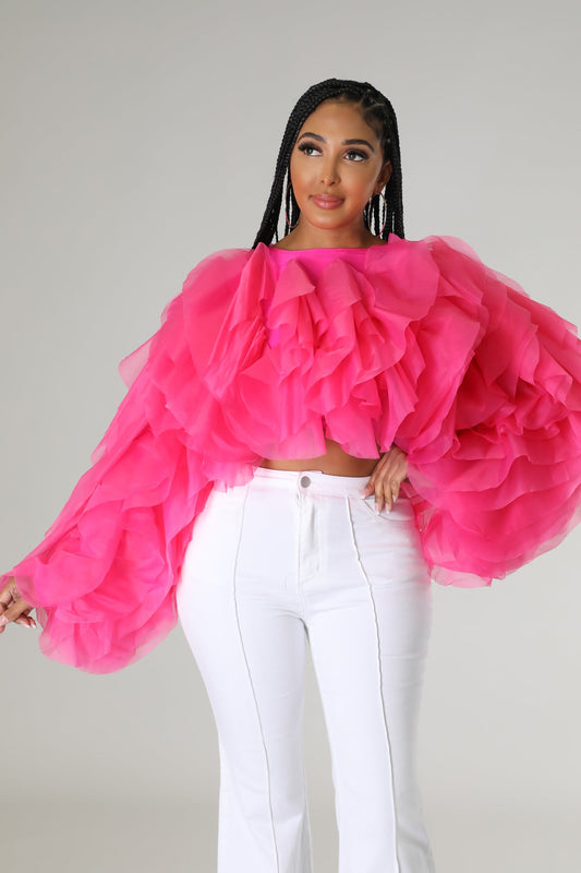 Women Long Sleeve Ruffle Tulle Crop Top Blouse