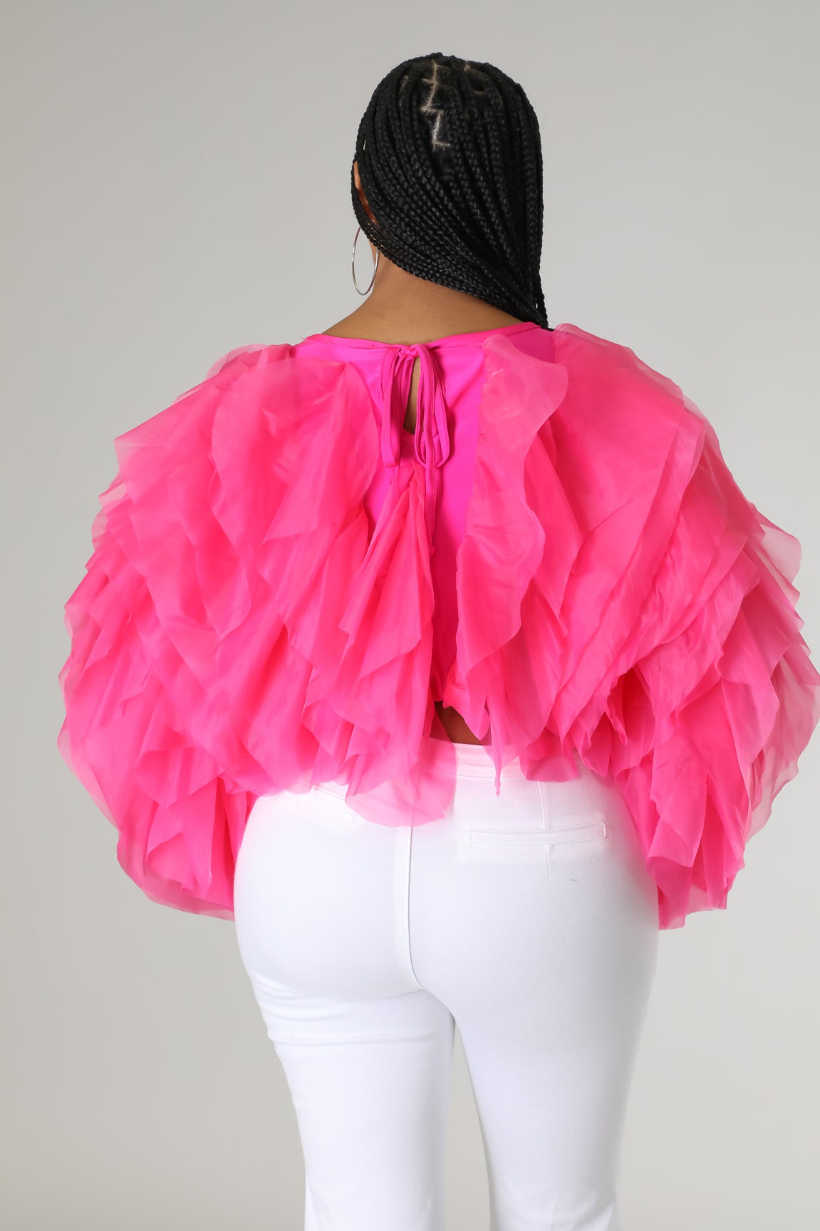 Women Long Sleeve Ruffle Tulle Crop Top Blouse