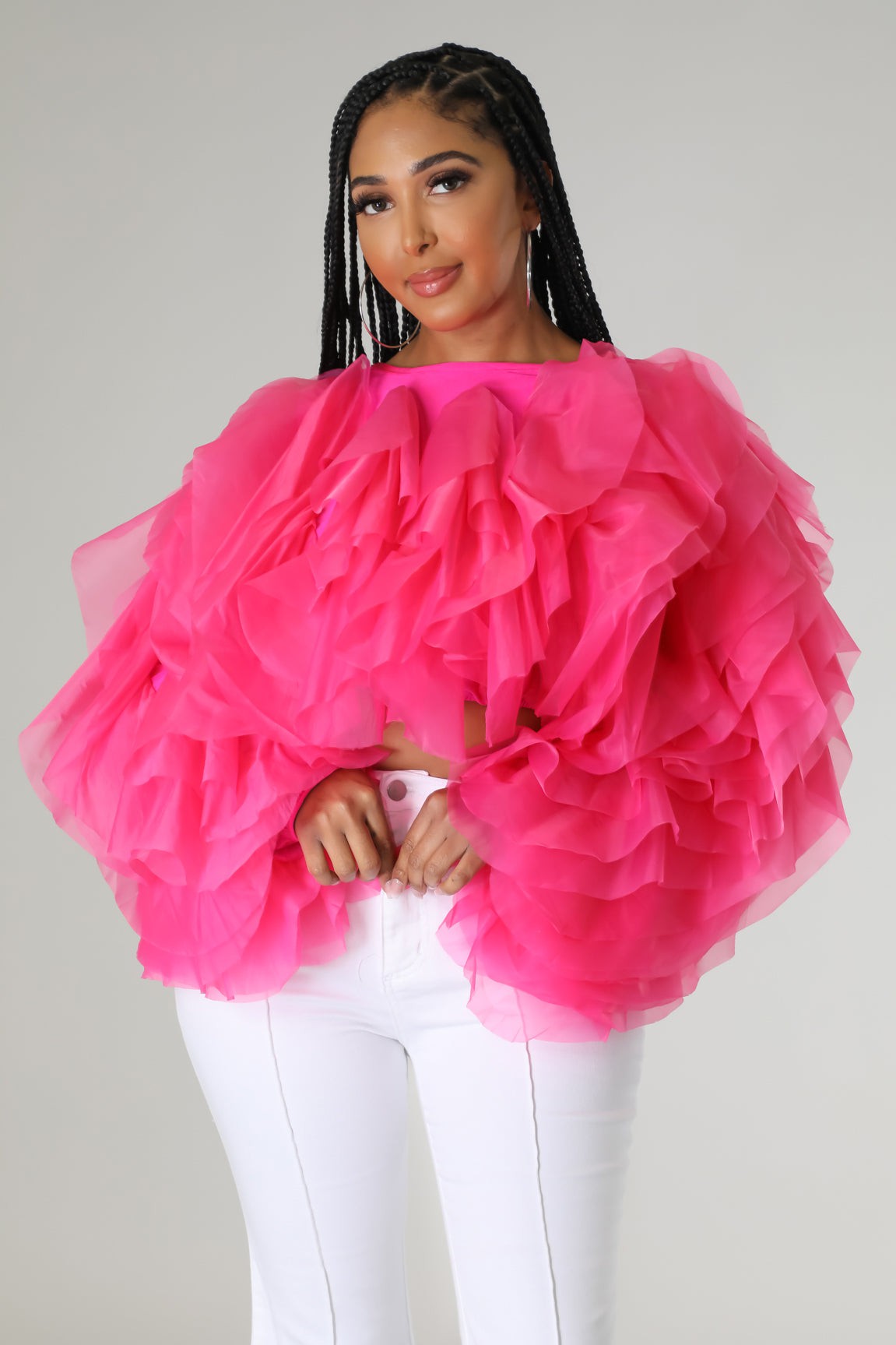 Women Long Sleeve Ruffle Tulle Crop Top Blouse