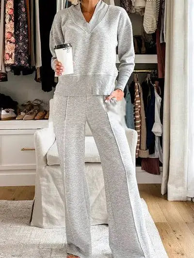 Women Long Sleeve V Neck Elastic Waist Wide Leg Lounge Wear