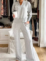 Women Long Sleeve V Neck Elastic Waist Wide Leg Lounge Wear