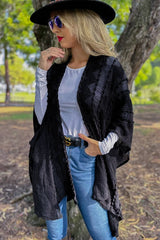 Women Solid Black 3D Textured Open Front Soft Kimono Cardigan: Black / One Size