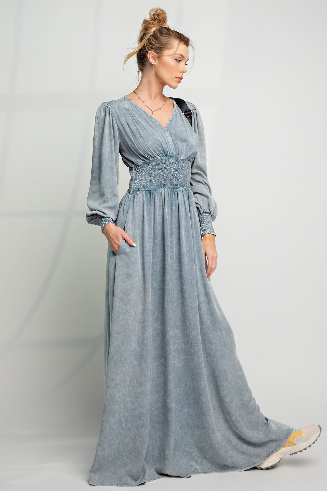 Women Mineral Wash V neck Maxi Dress By Easel