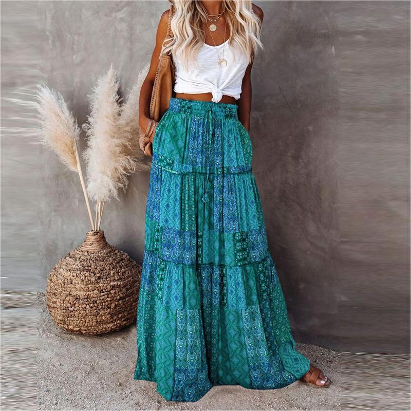 Women Boho Printed Pleated Loose Maxi Skirt By Rosa Clothing