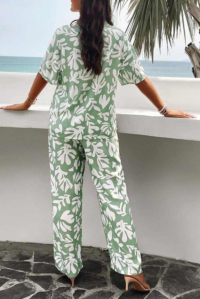 Printed Button Up Shirt and Pants 2pcs Set Black