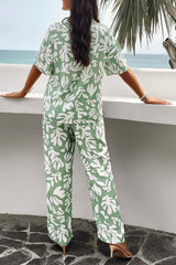 Printed Button Up Shirt and Pants 2pcs Set Black