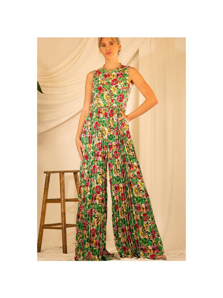 Women Jumpsuit Floral Pleated Sleeveless