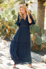 Women V- Neck Lace trim Maxi Dress By Bluivy