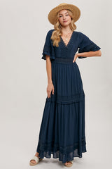 Women V- Neck Lace trim Maxi Dress By Bluivy