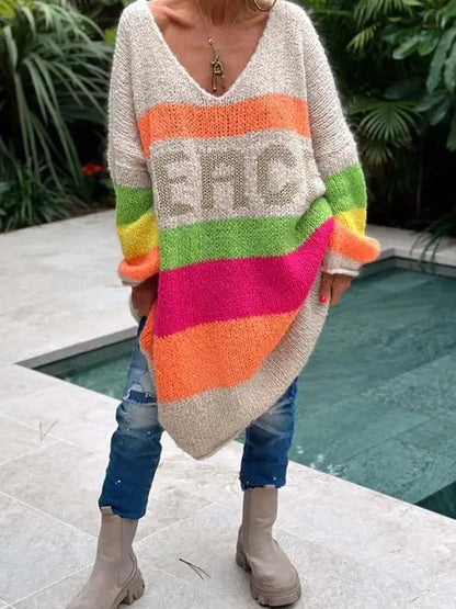 Women Midi knit Color block Sweater