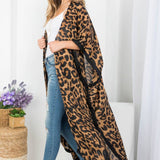 Women Long Open Front  Leopard Print Shawl Kimono