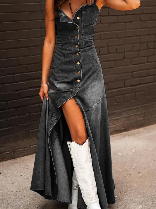 Women Button Front A Line Denim Maxi Dress