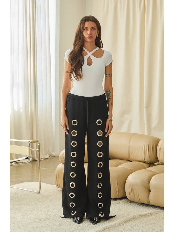 Women French Terry Sweatpants Wide Leg with Grommet Detail Pant