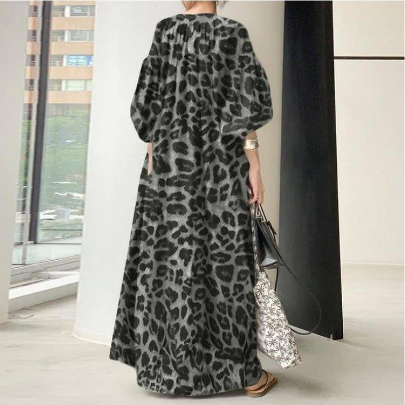 Leopard Print Puff Sleeve Loose Dress