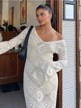 Women Maxi Dress Long Sleeve V Neck Argyle Knit Bell Sleeves Cover Up By Sweetkama