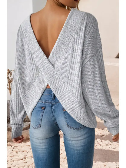 Women Texture Crossover Back Knit Sweater Top