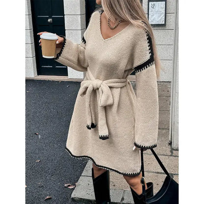 Women V Neck Tie Front Sweater Dress