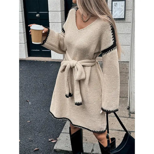 Women V Neck Tie Front Sweater Dress