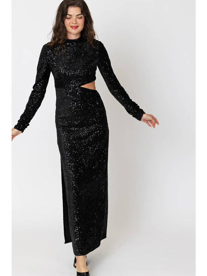 Women Long Sleeve Mock Neck Sequin Maxi Dress with Side Cut-Out