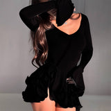 Single-Breasted Flare Sleeve Bodycon Ruffle Dress