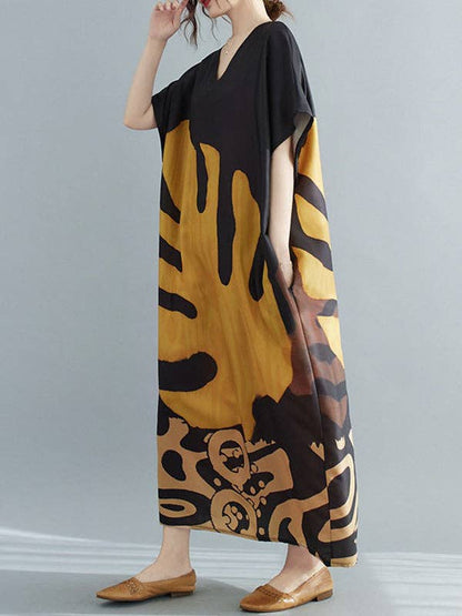 Vintage Loose Leaf Printed Midi Dress: YELLOW / One_size