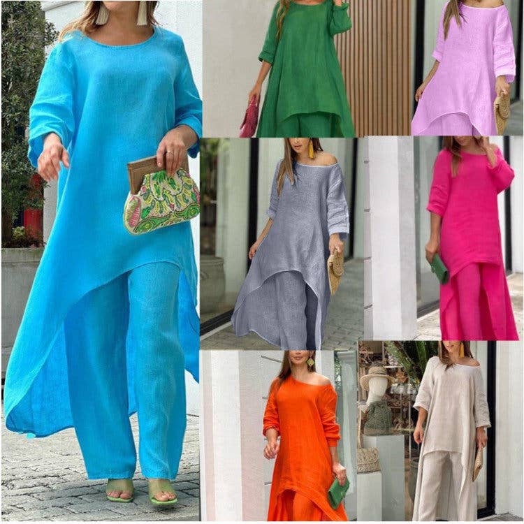 New Women's Cotton Linen Casual Wide Leg Pants Two Piece Set
