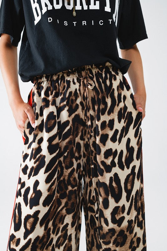 Women Leopard Wide Leg Pant with Red stripe