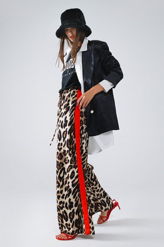 Women Leopard Wide Leg Pant with Red stripe