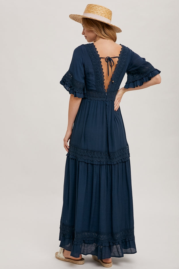 Women V- Neck Lace trim Maxi Dress By Bluivy