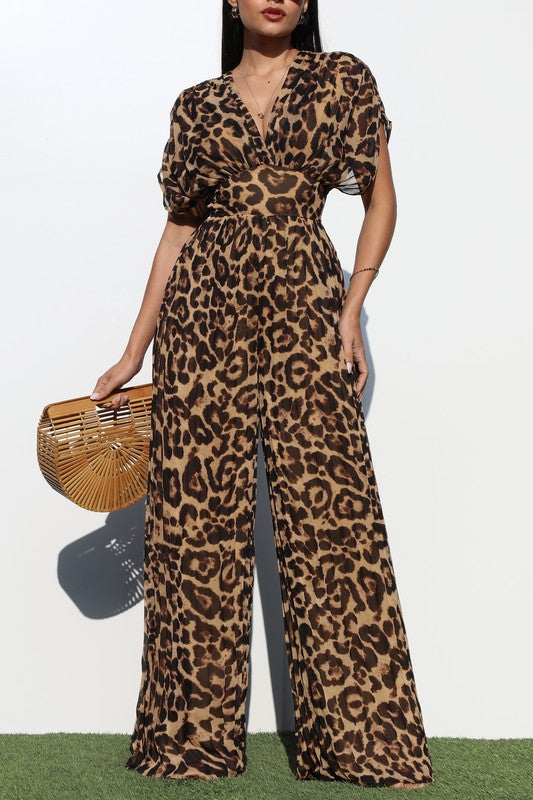 Women Leopard V Neck Jumpsuit
