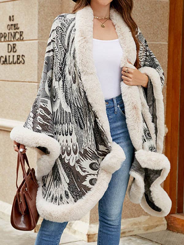 Women Long Sleeves Loose Jacquard Keep Warm Velvet Collarless Cape Shawl