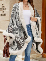 Women Long Sleeves Loose Jacquard Keep Warm Velvet Collarless Cape Shawl