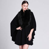 Mid-Length Faux Fox Fur Collar Shawl Cape: Burgundy