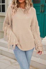 Women Solid Color Tassel Pullover Sweater Rosy / L
