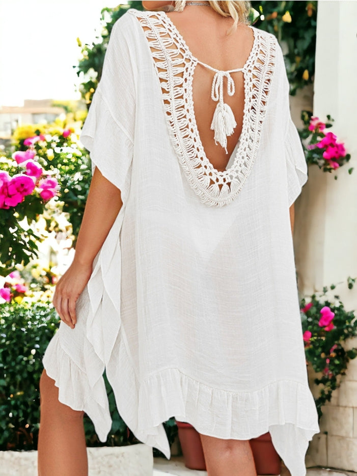 Women Tunic Dress Cover Up Crochet knit V Neck Oversized Tie-Back By Ann Kaci