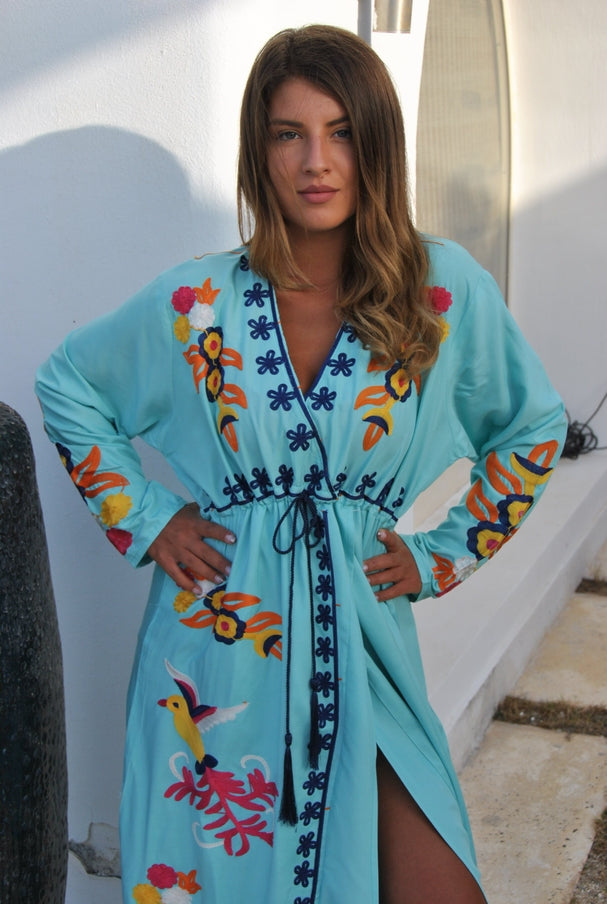 Women Cotton Turquoise Embroidered Bird Kaftan Maxi Dress by Gipci