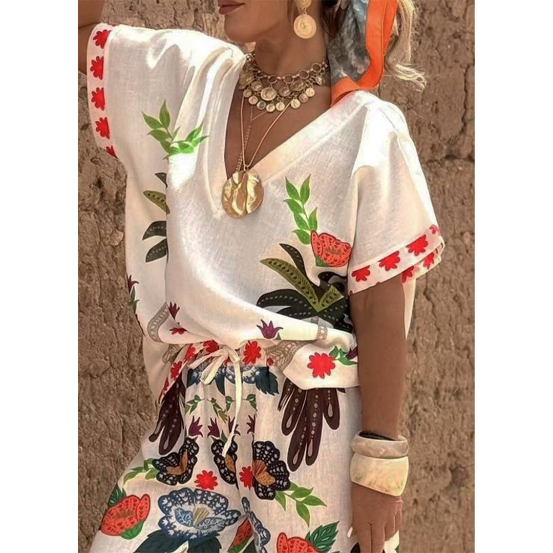 V-Neck Short Sleeve Printed Linen Wide-Leg Pants Set