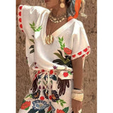 V-Neck Short Sleeve Printed Linen Wide-Leg Pants Set