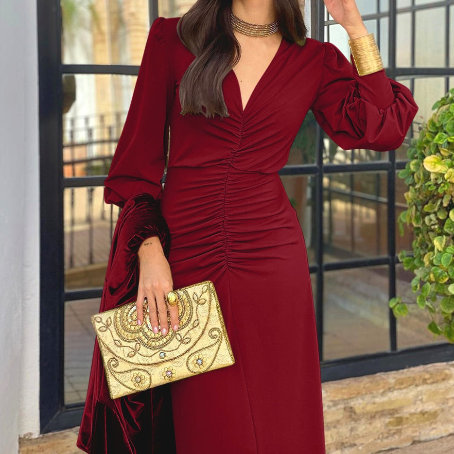 Women V Neck Long Sleeve Maxi Dress with Ruched Bodice
